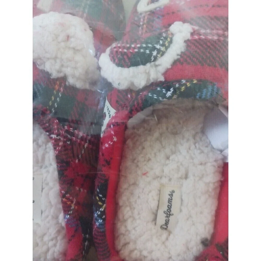 Dearfoams Lil Bear Slippers Girls 4-5 Blue Red Plaid Memory Foam